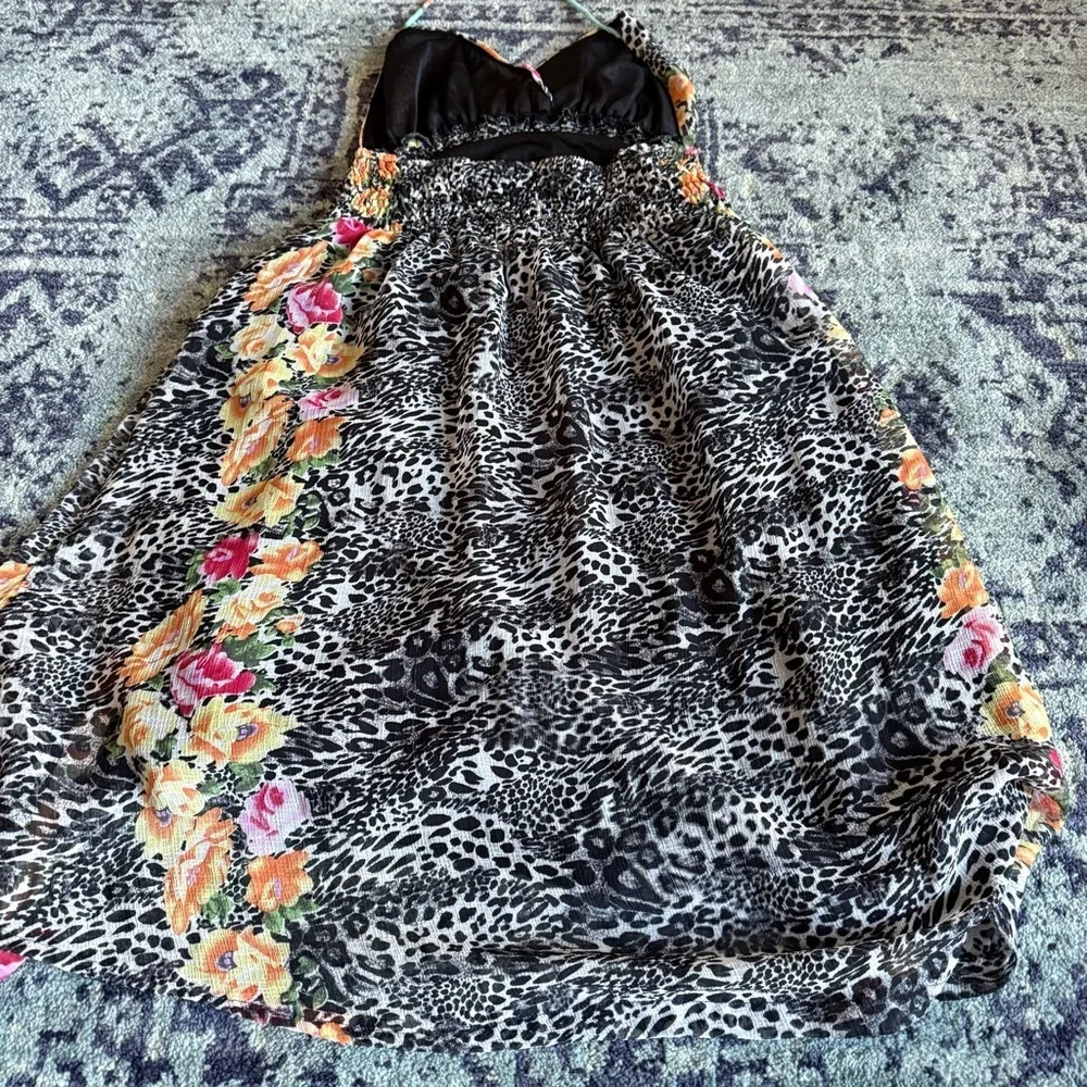 Y2K Fumblin’ Foe Cheetah Animal Print and Floral Halter Neck Dress Size Large - Picture 3 of 8